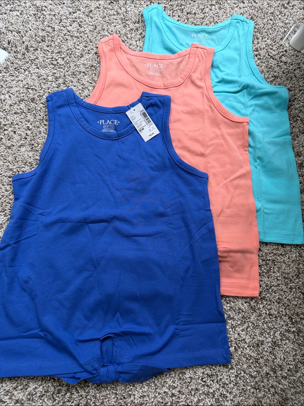 NWT Children's Place Girls' Tank Top 3-Pack – Royal Blue, Coral, Aqua size 7/8